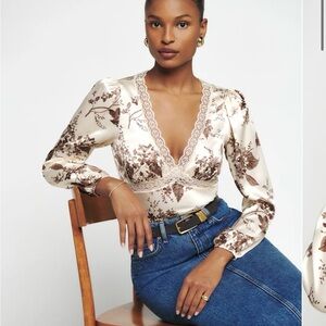 Reformation Cream Satin Floral Lace Trim Blouse